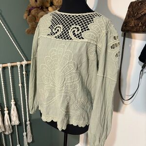 CATO Sage Green Boho Embroidered Blouse Crochet Yoke Peasant Top Medium